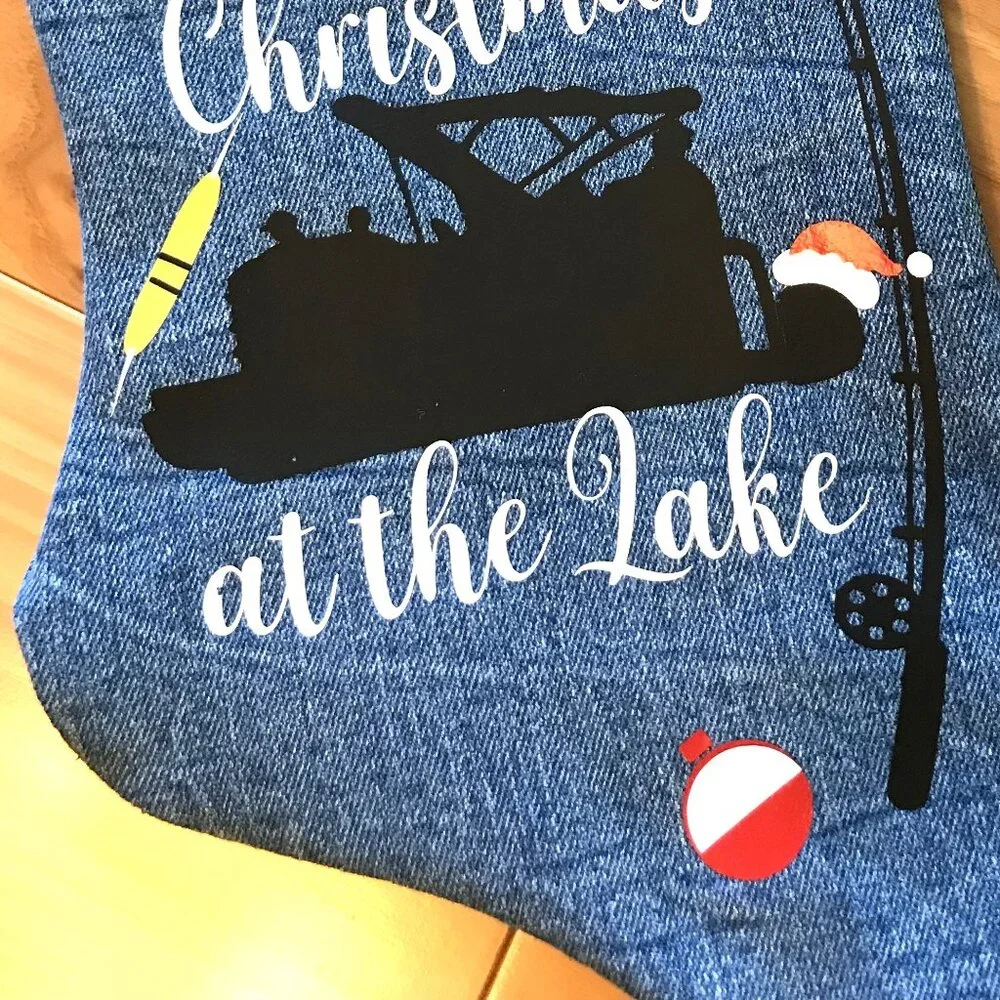 Denim Christmas Stocking, Lake House Fishing Decor Pontoon Boat Snowman